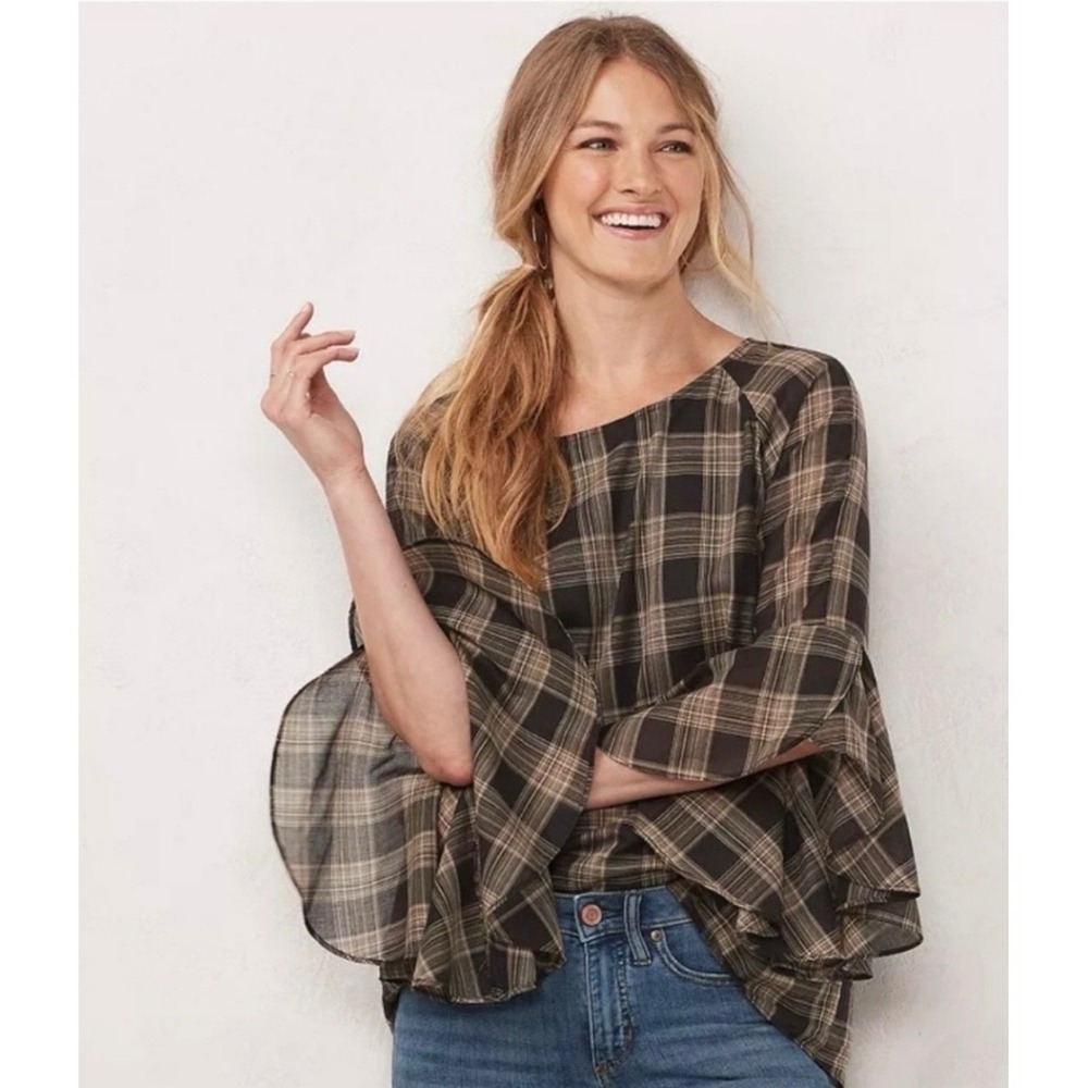 LC Lauren Conrad Plaid Bell‎ Sleeve Tunic Top XL Brown Tan